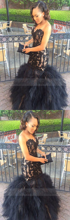 Sweetheart Lace Appliques Mermaid Black Sleeveless Tulle Ruffles Puffy Prom Dress