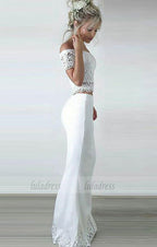 Two Piece Off-the-Shoulder Short Sleeves Floor-Length White Prom Dress with Lace