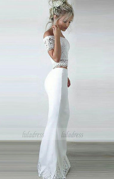 Two Piece Off-the-Shoulder Short Sleeves Floor-Length White Prom Dress with Lace,BD99558