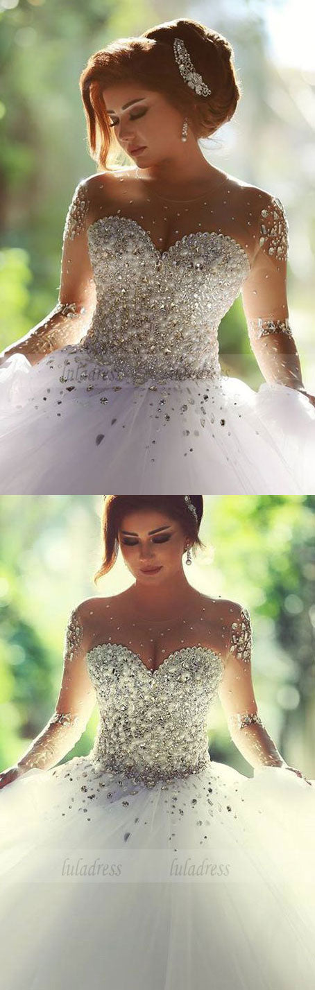 Luxurious Crystal Pearl Beaded Long Sleeves Ball Gowns Wedding Dresses For Bride