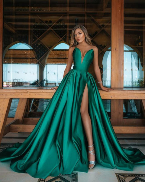 Elegant V Neck Jade Green Front-Split Ruffles Prom Dresses,PD21048