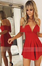 Stylish A-Line Off-Shoulder Red Satin Short Homecoming Dress