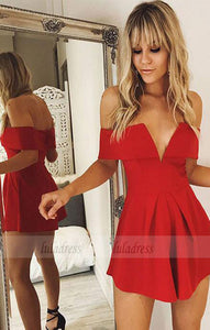 Stylish A-Line Off-Shoulder Red Satin Short Homecoming Dress,BD99235
