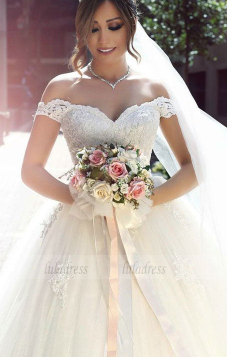 Elegant Lace Sweetheart Off Shoulder Tulle Ball Gowns Wedding Dresses