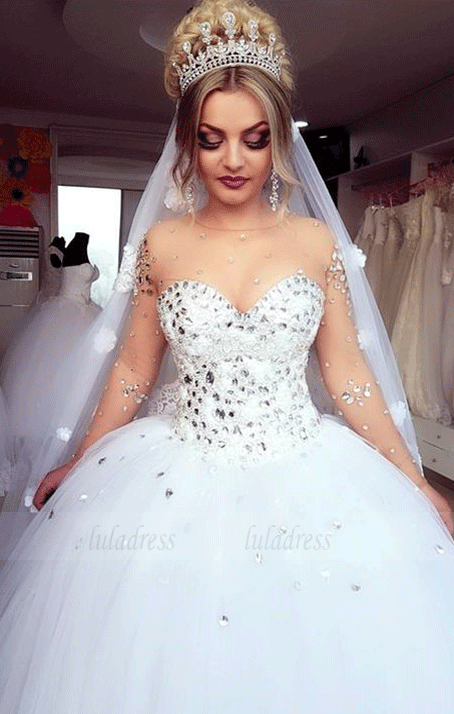 gorgeous crystal beaded wedding dress ball gowns with illusion long sleeves,BD99690