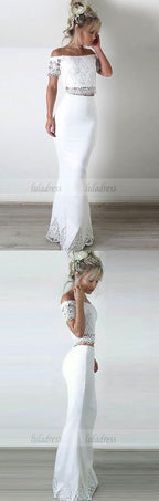 Two Piece Off-the-Shoulder Short Sleeves Floor-Length White Prom Dress with Lace