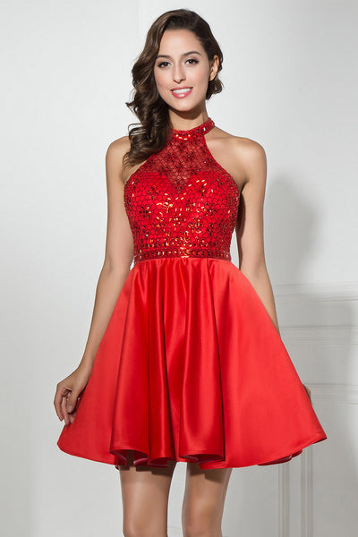 Red Short Beaded Prom Dress A-line Mini Homecoming Dress, BS32