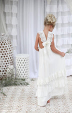 V-neck Long Lace Chiffon Flower Girl Dresses