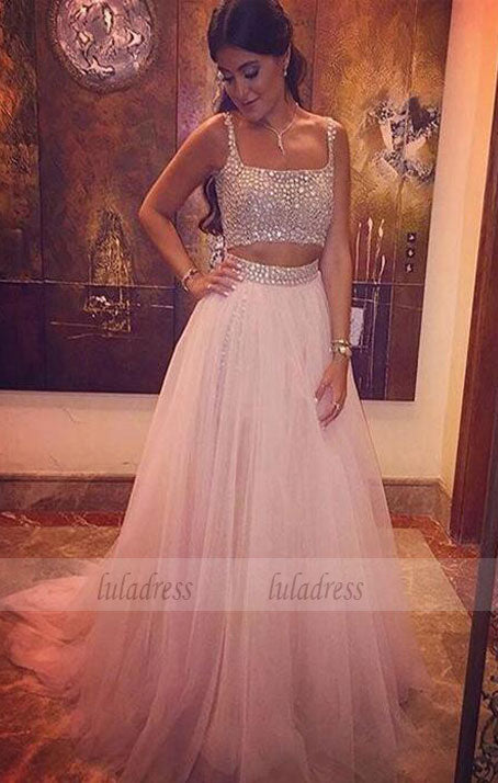 Sleeveless Straps Beaded Crystal Prom Dress,Long Evening Dresses 2 Piece Prom Dresses,BD99392