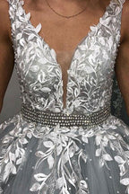 Gray V Neck Tulle Lace Long Prom Dress,Gray Tulle Evening Dress