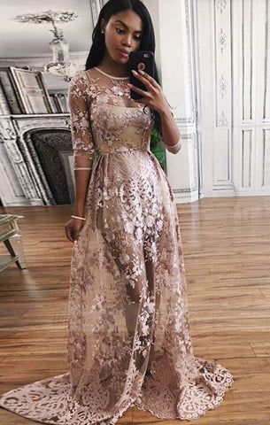 fashion prom party dresses with appliques, chic blush evening gowns with long sleeves for special occasion,BD98647