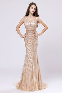 Formal V-neck Mermaid Beaded Long Evening Dress, LX495