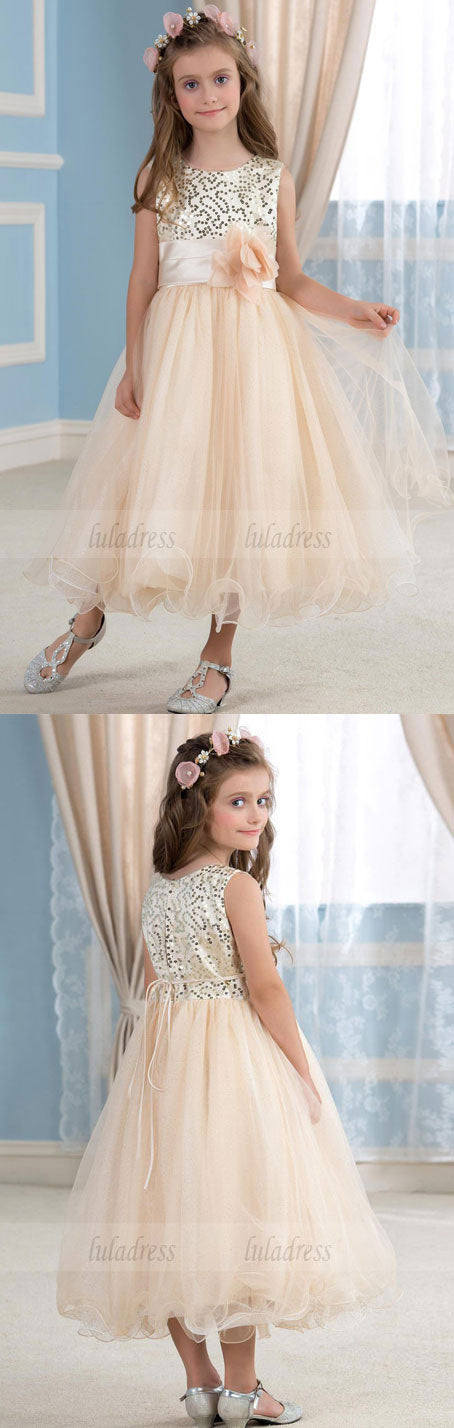 Girls' Gold Sequined Tulle Flower Girl Dress for Wedding Party