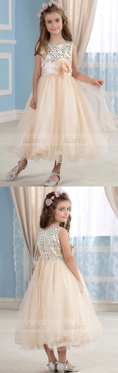 Girls' Gold Sequined Tulle Flower Girl Dress for Wedding Party