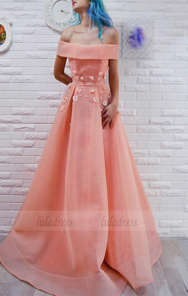 off the shoulder pink prom dress with appliques,elegant a-line off the shoulder party dress with sash,BD99079