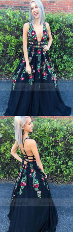 Charming Black A-Line Tulle Deep V-Neck Backless Applique Prom Dress