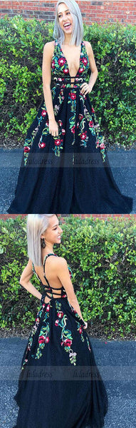 Charming Black A-Line Tulle Deep V-Neck Backless Applique Prom Dress,BD98659