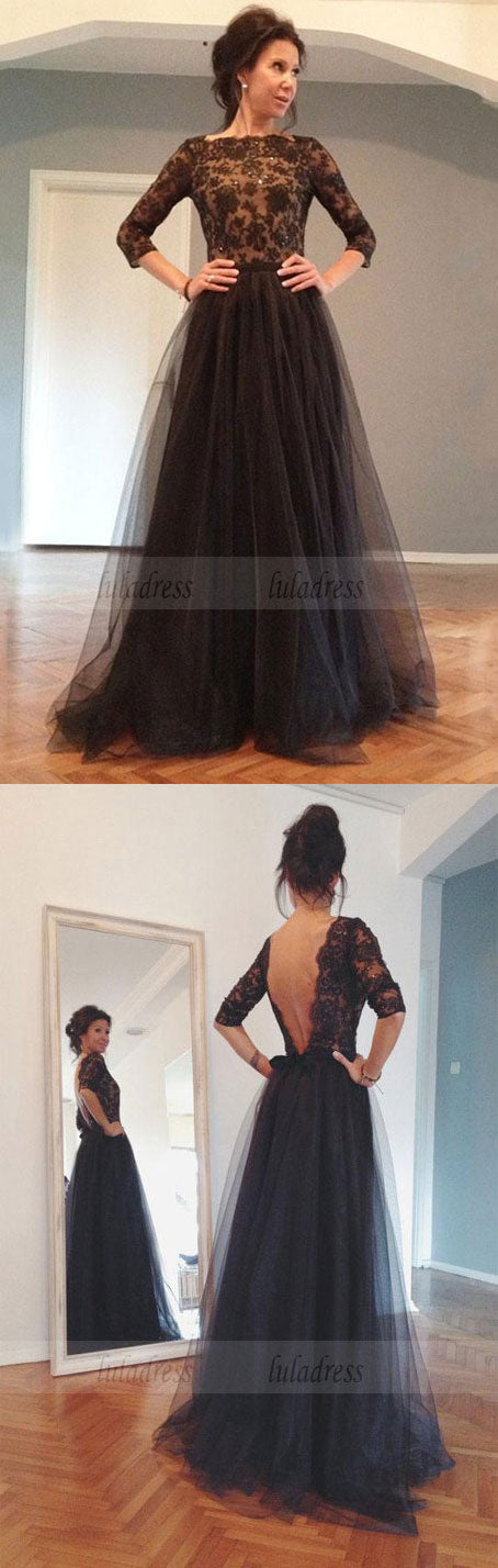 A-line/Princess 3/4 Sleeves Beading Long Lace Tulle Prom Dresses