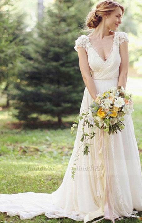Chiffon Garden A-line Wedding Dresses V-Neck Ruched with Handmade Flowers Beach Bridal Gowns