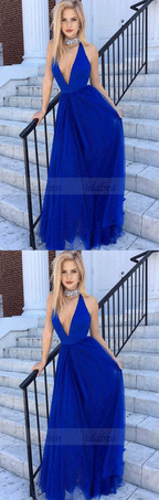 V Neck Prom Dresses Long A-line Evening Dresses Halter Formal Gowns Backless Party Dresses