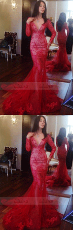 Mermaid Deep V-neck Long Sleeves Sweep Train Red Prom Dress with Lace Beading