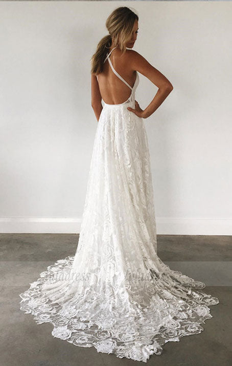 white v neck long wedding dress, lace wedding dresses