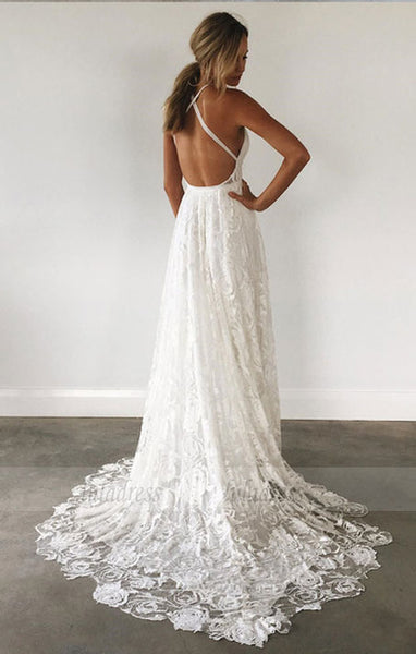 white v neck long wedding dress, lace wedding dresses,BD99581