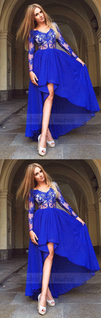 A-Line V-Neck High Low Blue Prom Dresses,Chiffon Homecoming Dress with Appliques