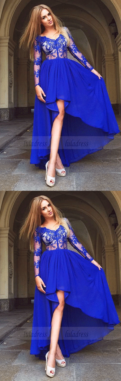 A-Line V-Neck High Low Blue Prom Dresses,Chiffon Homecoming Dress with Appliques