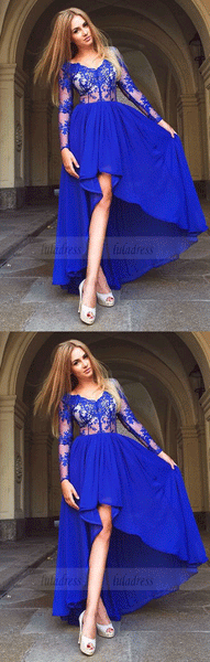 A-Line V-Neck High Low Blue Prom Dresses,Chiffon Homecoming Dress with Appliques,BD99944