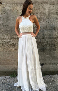 Two Piece Jewel Long Prom Dress with Pearls,BD99004
