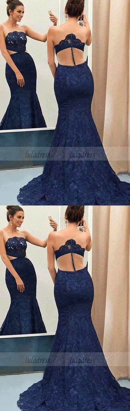 Mermaid Round Neck Sweep Train Navy Blue Lace Prom Dress