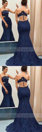 Mermaid Round Neck Sweep Train Navy Blue Lace Prom Dress