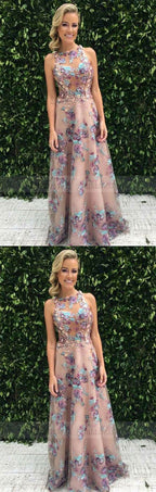 A-Line Jewel Sweep Train Purple Tulle Sleeveless Prom Dress with Appliques