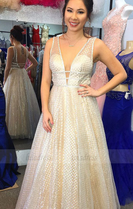 Sexy A-line V Neck Long Floor Length Prom Dresses,Formal Dress