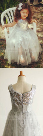 A-Line Jewel Tea-Length Silver Tulle Sequined Flower Girl Dress
