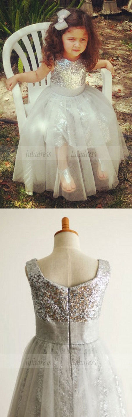 A-Line Jewel Tea-Length Silver Tulle Sequined Flower Girl Dress