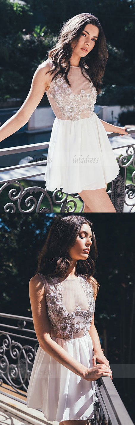 White round neck chiffon short prom dress, cute homecoming dress