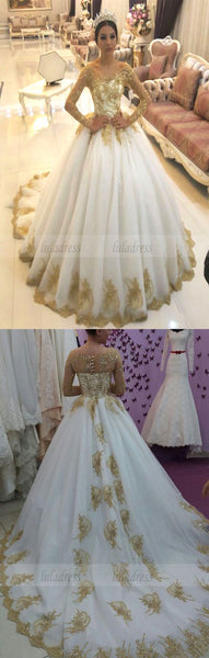 Gold Lace Appliques White Tulle Long Sleeves Bridal Ball Gown Wedding Dresses,BD99826