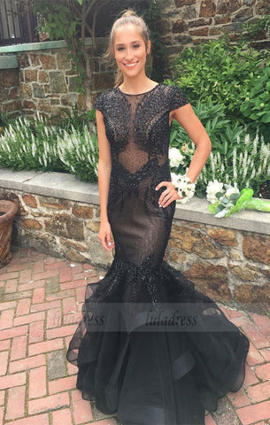 Luxury Mermaid Prom Dress ,Beaded Cap Sleeves Evening Dresses, Long Formal  Party Gowns,BD98521