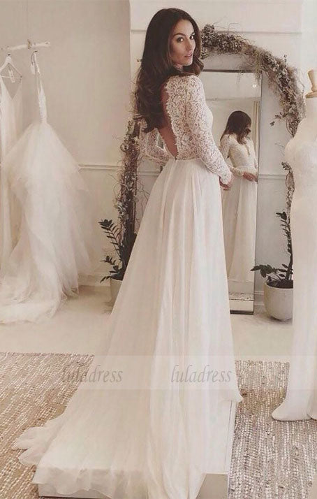 Sexy Chiffon Long Sleeve Wedding Dress,Lace V-neck Sweep Train Bridal Gown