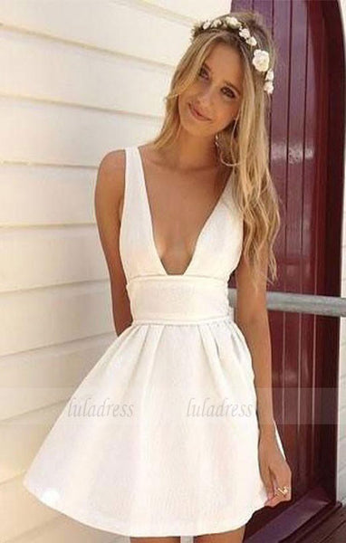 Summer A-Line Deep V-Neck White Satin Short Homecoming/Graduation Dress,BD98429