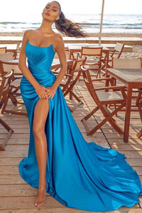 Sleek Strapless Royal Blue Ruffles Front-Split Mermaid Prom Dresses,PD21049