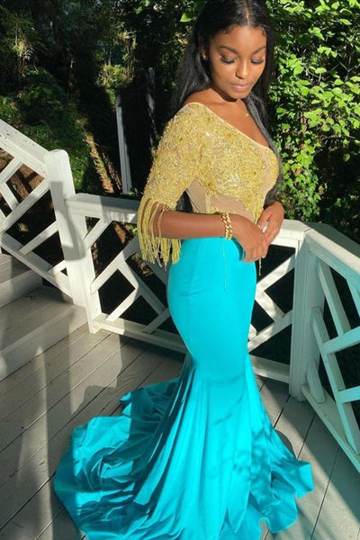 Gorgeous Turquoise Mermaid Prom Dresses With Golden Tassel,PD21032