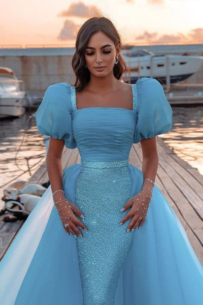 Mermaid Tulle Lake Blue Sequins Prom Dresses With Detachable Skirt,BD93037
