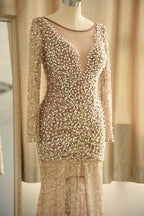 Jewel Lace Front Slit Prom Dresses | Long Sleeves Appliques Formal Dress with Pearls