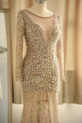 Jewel Lace Front Slit Prom Dresses | Long Sleeves Appliques Formal Dress with Pearls
