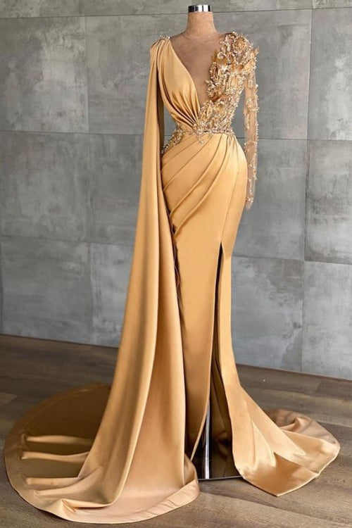 Luxury Long Sleeves Rose Gold Appliques Ruffles Split Mermaid Evening – luladress