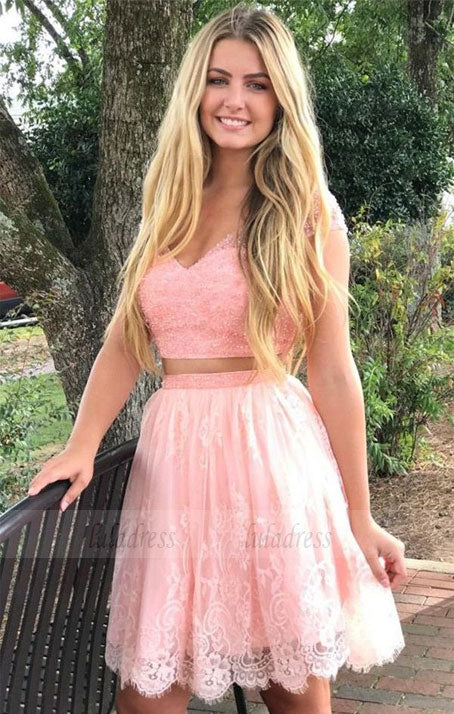 Lace Prom Dresses, Sexy Party Dress, Two Piece Appliques Prom Dress, Short Homecoming Dress