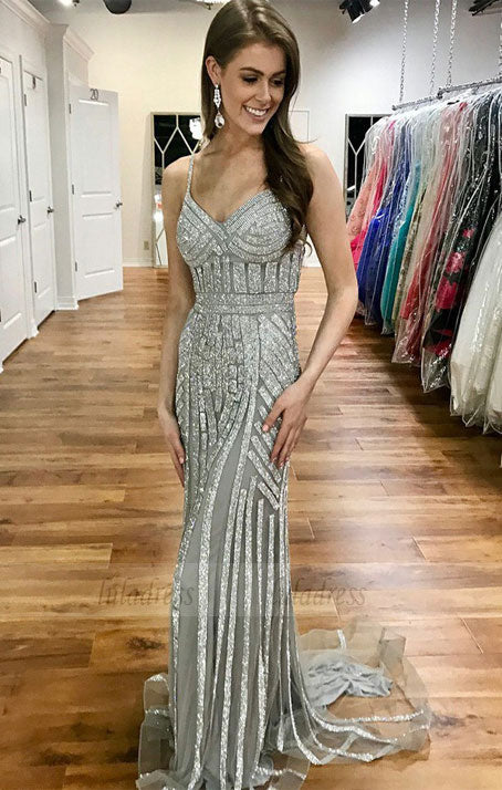 Mermaid Sweetheart Sweep Train Grey Prom Dress with Sequins,BD98997